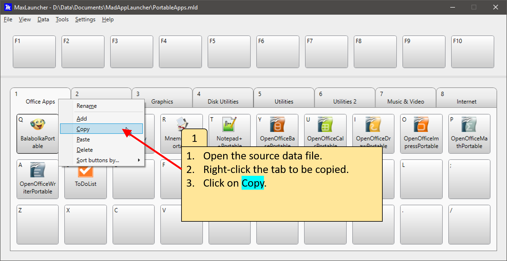 MaxLauncher KB19 How To Copy Tabs From One Data File To Another